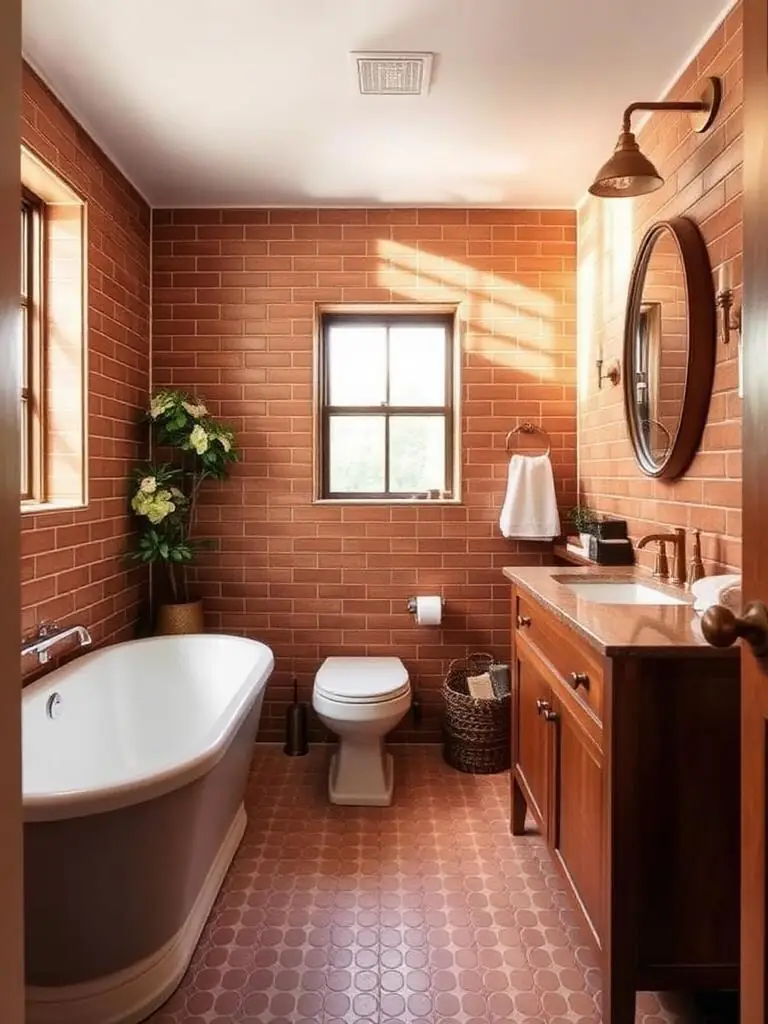 Renovated bathroom with warm tile and brass fixtures