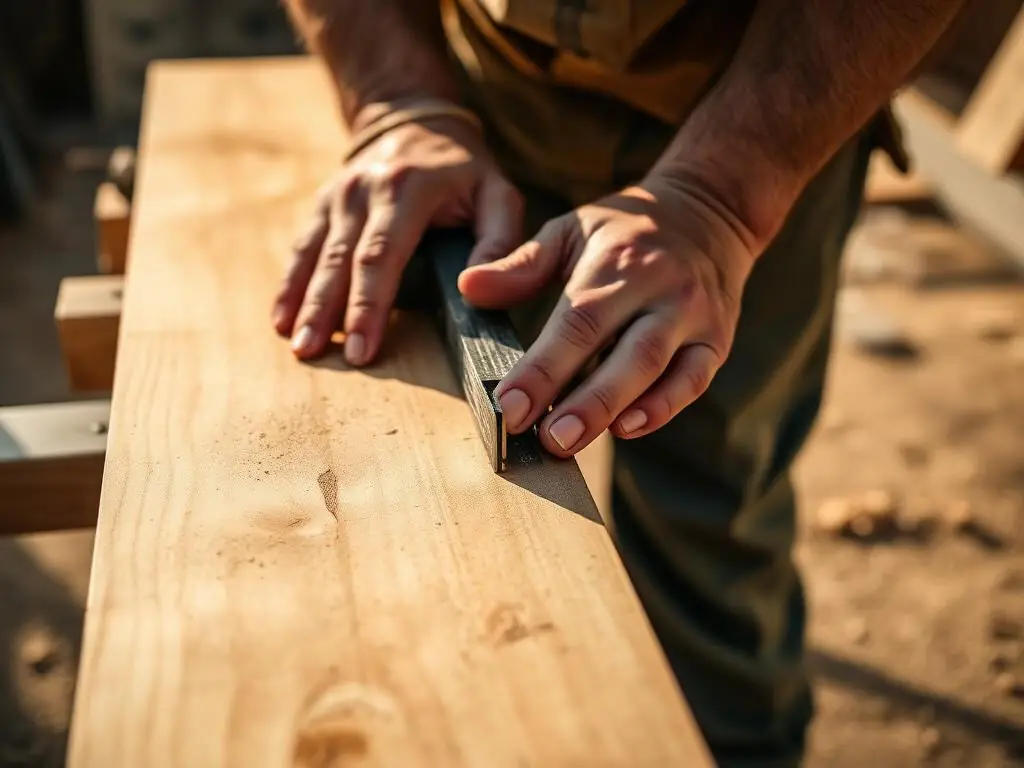 Carpenter measuring and marking a cedar board on a job site