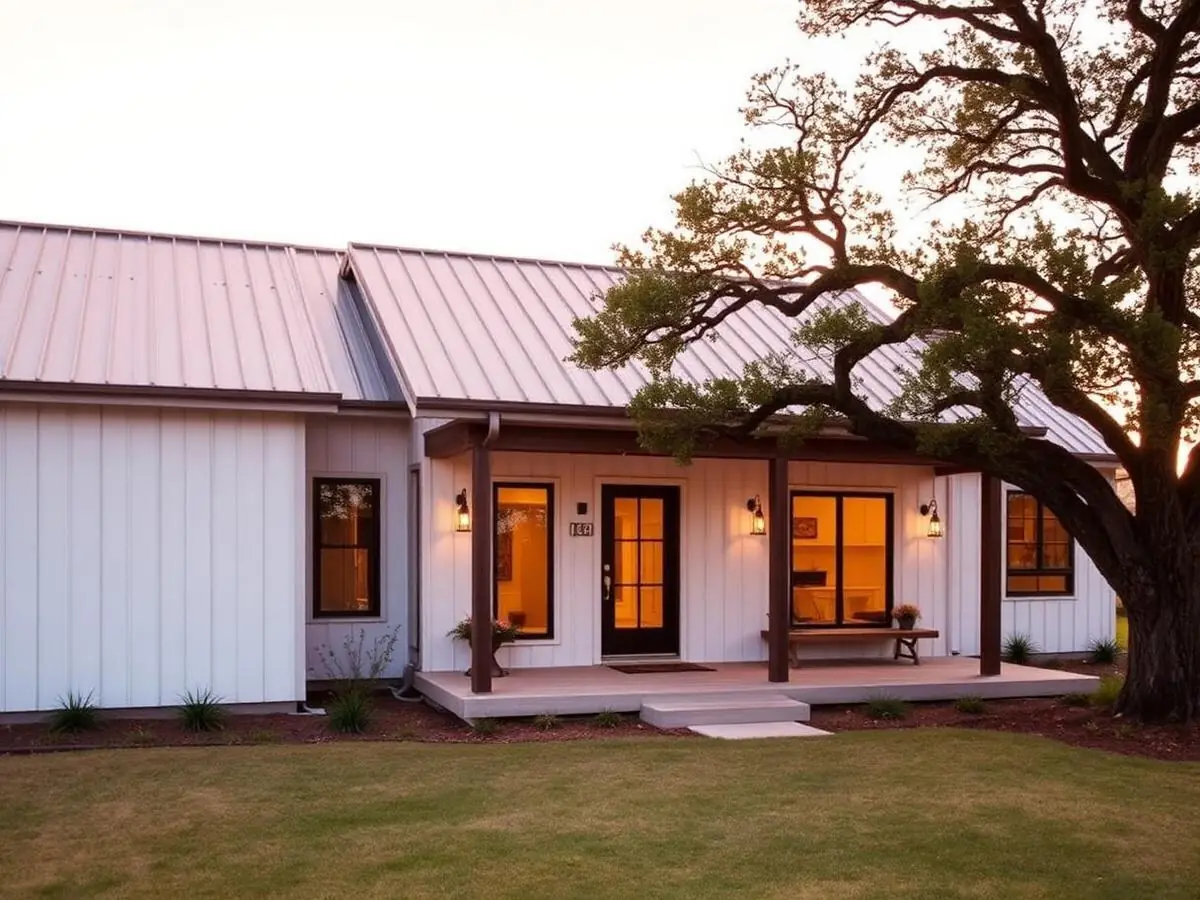 Modern farmhouse addition with metal roof under live oaks