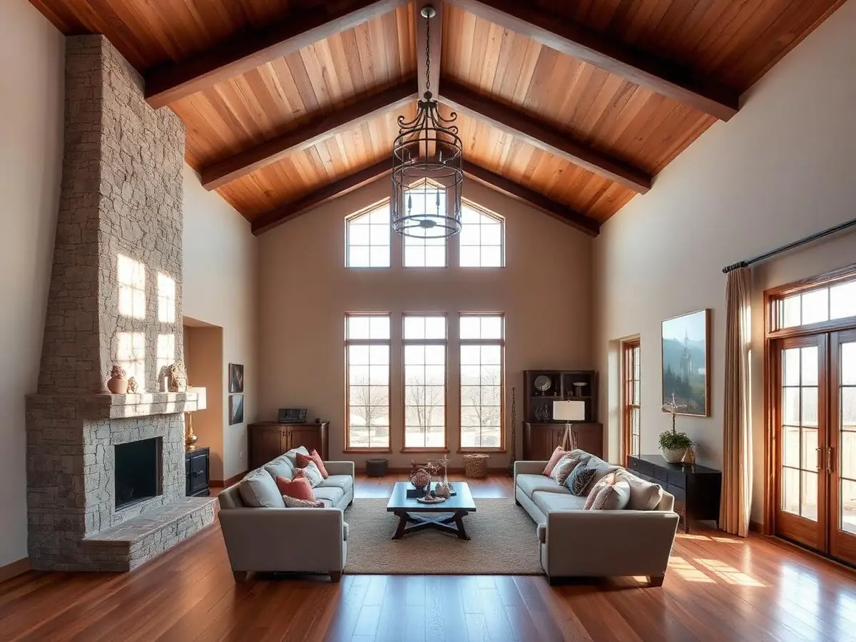 Great room with vaulted cedar ceiling and limestone fireplace