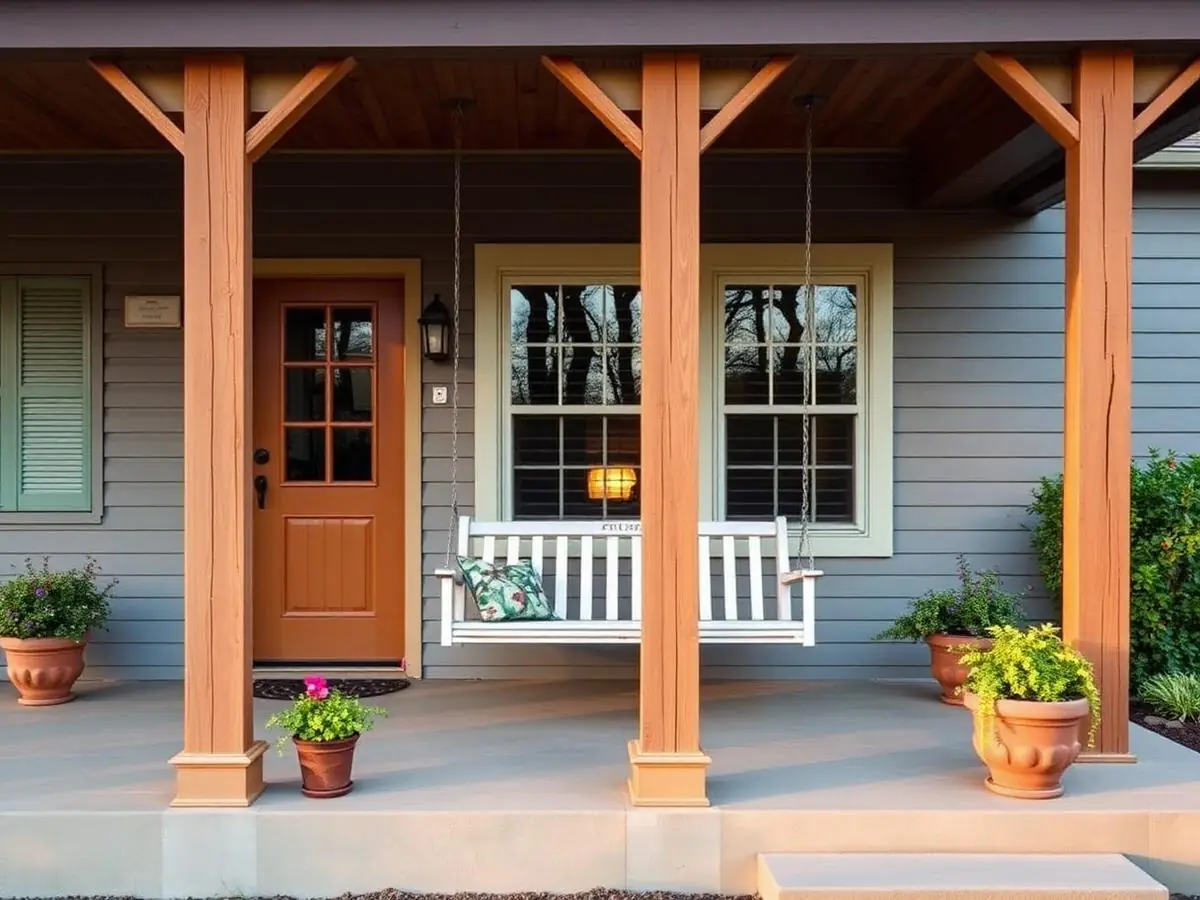 Rebuilt cottage front porch with cedar posts and painted swing